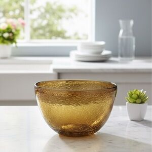 Hand Blown Large Crackle Glass Amber Bowl 9” X 6”